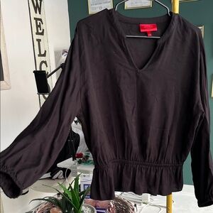 Jennifer Lopez Black V-Neck Long-Sleeve Peplum Blouse